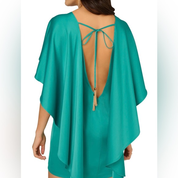 Liv Foster NWT Teal Green Satin Open Back Mini Cape Dress - Picture 3 of 7
